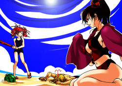 1boy 2girls amy_sorel beach blindfold blonde_hair blood brown_eyes brown_hair cloud drill_hair food fruit long_hair lying midriff multiple_girls namco navel ocean on_stomach one-piece_swimsuit outdoors ponytail raphael_sorel rarara_(faylute) red_hair sand sky soul_calibur standing swimsuit taki_(soulcalibur) thighs twin_drills twintails watermelon rating:Sensitive score:7 user:soc