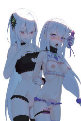 2girls :q absurdres arms_behind_back bare_shoulders bdsm black_choker black_legwear bondage bound breasts butterfly_hair_ornament cat_lingerie choker cleavage_cutout cleft_of_venus closed_mouth clothing_cutout collar collarbone colored_eyelashes commentary_request dildo echidna_(re:zero) emilia_(re:zero) femdom hair_between_eyes hair_ornament heart heart-shaped_pupils heart_cutout highres holding holding_sex_toy leash long_hair looking_at_viewer medium_breasts meme_attire misan_(dd) multiple_girls navel nipple_piercing nipple_rings nipples open_mouth piercing pubic_tattoo purple_eyes pussy re:zero_kara_hajimeru_isekai_seikatsu red_eyes sex_toy simple_background slave smile symbol-shaped_pupils tattoo tears thighhighs tongue tongue_out uncensored vibrator white_background white_hair white_legwear yuri rating:Explicit score:405 user:danbooru