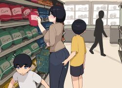  black_hair blue_eyes fingering fingering_through_clothes groping incest molestation mother_(pepper0) mother_and_son motion_lines pepper0 surprised through_clothes white_shirt_brother_(pepper0) yellow_shirt_brother_(pepper0) 