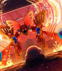  absurdres armor battle broken_glass butterfly_wings dual_wielding embers fire floating glass glowing glowing_eyes highres holding horned_mask huge_weapon insect_wings kirby kirby_(series) kirby_and_the_forgotten_land leongar mask midair morpho_knight nintendo shoulder_armor spoilers suyasuyabi weapon wings  rating:General score:7 user:danbooru