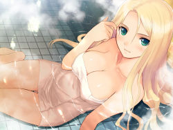  00s 1girl barefoot bath blonde_hair blush breasts cleavage date_wingfield_reiko fault!! feet game_cg green_eyes long_hair looking_at_viewer partially_submerged shiny_skin sitting smile solo steam thigh_gap tony_taka towel water  rating:Questionable score:96 user:danbooru