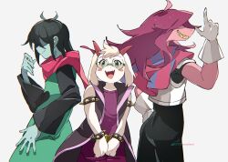  1boy 1girl 1other :d ahoge androgynous antenna_hair armlet armor black_bodysuit black_coat black_hair black_skirt blue_skin blush_stickers body_fur bodysuit bodysuit_under_clothes bracelet breastplate cape coat colored_skin cosplay costume_switch covered_eyes cowboy_shot deltarune elbow_gloves fangs from_side furry furry_female furry_male glasses gloves goat_boy goat_horns green-framed_eyewear green_eyes grin hand_on_own_hip hand_up hashtag-only_commentary highres horns index_finger_raised jewelry kris_(deltarune) kris_(deltarune)_(cosplay) long_hair long_sleeves looking_at_viewer open_mouth own_hands_together pink_cape pink_scarf pink_skin profile purple_hair purple_shirt ralsei ralsei_(cosplay) round_eyewear scarf shaded_face sharp_teeth shirt sideways_mouth signature simple_background skin_fangs skirt sleeveless sleeveless_coat smile sonokare spiked_armlet spiked_bracelet spikes standing susie_(deltarune) susie_(deltarune)_(cosplay) teeth twitter_username v_arms white_background white_fur white_gloves  rating:General score:2 user:danbooru