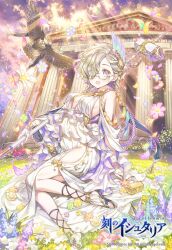  1girl :d age_of_ishtaria bare_shoulders blush braid breasts copyright_name copyright_notice dress falling_petals flower glasses hair_ornament hammer highres holding holding_hammer ictinus_(age_of_ishtaria) large_breasts looking_at_viewer munlu_(wolupus) official_art open_mouth petals purple_eyes sandals sitting smile twin_braids white_dress 
