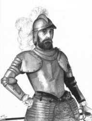  1boy armor beard chainmail conquistador facial_hair feathers graphite_(medium) greyscale helmet hernan_cortes highres monochrome mustache real_life simple_background sketch solo spaniard spanish_(nationality) sword traditional_media weapon white_background youngcavalier 