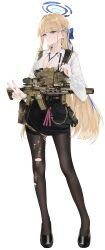  1girl absurdres armor black_footwear black_pantyhose black_skirt blonde_hair blue_archive blue_halo braid breasts cleavage fte_(fifteen_199) full_body gun hair_ornament halo high_heels highres holding holding_gun holding_weapon long_hair long_sleeves looking_at_viewer magazine_(weapon) medium_breasts military pantyhose pencil_skirt pouch shirt simple_background skirt solo standing tactical_clothes toki_(blue_archive) torn_clothes torn_pantyhose v very_long_hair weapon white_background white_shirt 