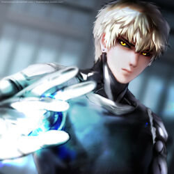  1boy black_sclera blonde_hair closed_mouth colored_sclera commentary cyborg earrings english_commentary genos jewelry male_focus one-punch_man photoshop_(medium) short_hair solo thaharateja watermark web_address yellow_eyes 
