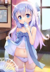 1girl babydoll blue_babydoll blue_bow blue_eyes bow bow_panties breasts clothes_lift collarbone commentary_request cowboy_shot cowlick crossed_bangs eating electric_fan fanning_self female_focus food gochuumon_wa_usagi_desu_ka? groin hair_between_eyes hair_ornament highres ice_cream ice_cream_cone indoors kafuu_chino kneeling licking lifting_own_clothes loli long_hair looking_at_viewer navel panties purple_hair small_breasts solo standing strap_slip taku_michi thighhighs tongue tongue_out underwear white_panties white_thighhighs x_hair_ornament rating:Sensitive score:83 user:danbooru