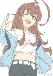  1girl ahoge aqua_jacket belt black_shorts brown_eyes brown_hair cowboy_shot fubupula highres huge_ahoge jacket kantai_collection kuma_(kancolle) long_hair midriff navel official_alternate_costume one-hour_drawing_challenge one_eye_closed open_clothes open_jacket open_mouth shirt shorts simple_background smile solo teeth twitter_username upper_teeth_only white_background white_belt white_shirt 
