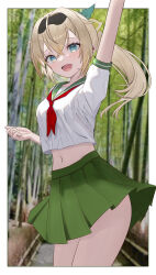 1girl :d absurdres arm_up bamboo bamboo_forest black_hairband blonde_hair blue_eyes breasts forest green_skirt hair_ornament hairband highres hololive kazama_iroha long_hair midriff mito nature navel open_mouth photo_background pleated_skirt ponytail school_uniform serafuku short_sleeves skirt small_breasts smile solo thighs virtual_youtuber white_serafuku 