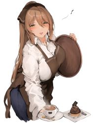 1girl alternate_costume apron blue_pants blush breasts brown_hair cake cappuccino cleavage coffee coffee_cup cup cupcake dessert disposable_cup food fork girls&#039;_frontline green_eyes hair_between_eyes hair_ribbon highres large_breasts long_hair looking_at_viewer open_mouth pants ponytail ribbon shirt sidelocks simple_background smile solo spoon springfield_(girls&#039;_frontline) syotastar white_background white_shirt rating:Sensitive score:11 user:danbooru