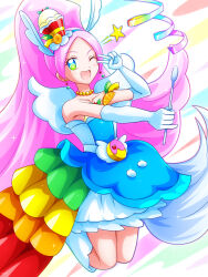  1girl animal_ears bare_shoulders berry blush boots choker collarbone commentary_request cure_parfait dress earrings elbow_gloves food food-themed_hair_ornament fruit gloves hair_ornament headband highres holding holding_wand horse_ears jewelry kirakira_precure_a_la_mode kiwi_(fruit) leaf lemon long_hair magical_girl mimimix multicolored_eyes one_eye_closed open_mouth orange_(fruit) parfait pearl_choker pearl_earrings pink_hair ponytail precure solo sparkle sparkling_eyes star_(symbol) strapless strapless_dress tail v wand white_footwear white_gloves white_tail white_wings wings 