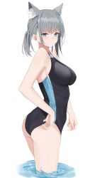 1girl :/ absurdres animal_ear_fluff animal_ears ass bare_arms blue_archive blue_eyes blush breasts competition_swimsuit crossed_bangs earrings from_side grey_hair highres jewelry kuyoumi large_breasts one-piece_swimsuit ponytail shiroko_(blue_archive) shiroko_(swimsuit)_(blue_archive) sidelocks simple_background solo swimsuit swimsuit_tug thighs two-tone_swimsuit wading water white_background rating:Sensitive score:19 user:danbooru
