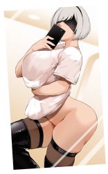  1girl 2b_(nier:automata) absurdres alternate_breast_size arms_under_breasts ass bakkanki black_blindfold blindfold bottomless breasts from_side highres large_breasts nier:automata nier_(series) no_panties no_pants phone reflection selfie shirt short_hair short_sleeves solo thick_thighs thighs white_hair white_shirt  rating:Questionable score:113 user:danbooru