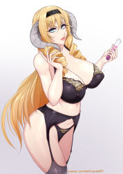  1girl artist_name bare_shoulders black_bra black_panties blonde_hair blue_eyes blush bra breasts cleavage collarbone commentary contrapposto covered_erect_nipples cowboy_shot demon_girl demon_horns drill_hair elixir english_commentary garter_belt garter_straps gradient_background grey_background hair_between_eyes hairband highres holding horns lace lace-trimmed_bra lace-trimmed_panties lace_trim large_breasts lingerie lips long_hair looking_at_viewer mammon_(sin_nanatsu_no_taizai) mammon_(the_seven_deadly_sins) mature_female nail_polish navel nipples nofuture panties parted_lips patreon_username pointy_ears simple_background skindentation smile solo standing the_seven_deadly_sins thick_thighs thighhighs thighs twin_drills underwear underwear_only very_long_hair  rating:Sensitive score:24 user:danbooru