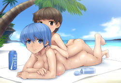 1boy 1girl abubu beach bent_over blue_eyes blue_hair breasts brown_eyes brown_hair cloud day doggystyle hetero large_breasts lotion lying lying_on_person matching_hair/eyes nipples nude ocean on_stomach original outdoors palm_tree pocari_sweat product_placement prone_bone sex sex_from_behind short_hair shota sky smile sunscreen sweat teenage_girl_and_younger_boy text_focus tree vaginal water rating:Explicit score:210 user:danbooru