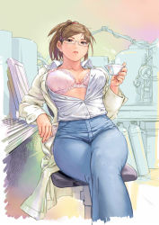  1girl arm_support blouse bra breasts brown_eyes brown_hair carina_(xiaowoo) chair cleavage collared_shirt computer cup curvy earrings glasses gradient_background high-waist_pants jewelry lab_coat large_breasts lingerie office_chair open_clothes open_shirt original pants shirt short_hair sitting solo swept_bangs swivel_chair teacup thighs time_stop unbuttoned underwear white_shirt  rating:Sensitive score:85 user:danbooru