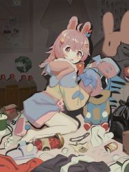  1girl absurdres ahoge animal_ears animal_slippers blue_shorts bow braid cable fridge_(fridgedraws) full_body hair_bow hair_ornament heart heart_hair_ornament highres hololive hood hoodie indoors jar light_blush long_sleeves looking_at_viewer meme messy_room multicolored_clothes hugging_object open_mouth pantyhose phase_connect pile_of_trash pill pill_bottle pink_eyes pink_hair pipkin_pippa pipkin_pippa_(1st_costume) piss_bottle rabbit_ears rabbit_hair_ornament shorts sleeve_bow sleeves_past_fingers sleeves_past_wrists slippers solo sonic_(series) sonic_the_hedgehog sonichu tearing_up terry_a_davis trash_bag tsunomaki_watame virtual_youtuber watamelon_(meme) white_pantyhose 