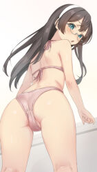  1girl ass back bikini black_hair blue_eyes blush commentary_request cowboy_shot from_behind from_below glasses hairband halterneck highres kantai_collection long_hair looking_at_viewer looking_back ooyodo_(kancolle) open_mouth pink_bikini sakieko sidelocks simple_background solo standing swimsuit thigh_gap thighs white_background white_hairband 