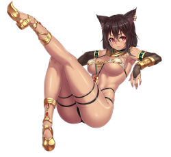  1girl :3 animal_ears armlet armpits bare_shoulders bastet_(houtengeki) bastet_(mythology) bikini black_hair blush bracer breasts bridal_gauntlets cat_ears cat_girl dark-skinned_female dark_skin earrings egyptian elbow_gloves female_focus gloves highres houtengeki jewelry kneepits large_breasts leg_up legs looking_at_viewer lots_of_jewelry necklace open_m/ original pelvic_curtain red_eyes revealing_clothes short_hair sideways_glance sitting smile solo swimsuit tan thick_thighs thigh_strap thighs underboob  rating:Sensitive score:172 user:deltaonix