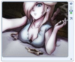  1girl alternate_costume ashtray barefoot bed blonde_hair blue_eyes breasts breasts_apart cigarette cleavage dark downblouse dutch_angle extended_downblouse eyelashes fake_screenshot film_grain hair_over_one_eye holding holding_cigarette indoors jay_phenrix large_breasts legs_up long_hair looking_at_viewer lying mario_(series) nintendo no_bra on_stomach outstretched_arm parted_lips pov pulp_fiction rosalina selfie short_sleeves smile smoke smoking soles solo star_(symbol) super_mario_bros._1 super_mario_galaxy the_pose toes unbuttoned  rating:Questionable score:188 user:[[Goron]]