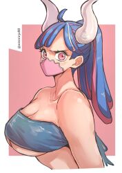  1girl aosora2823 blue_hair blush breasts cleavage covered_mouth female_focus highres horns large_breasts looking_at_viewer one_piece pink_eyes solo ulti_(one_piece) underboob  rating:Sensitive score:57 user:wodniobojca188