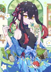 1girl absurdres alcremie black_hair breasts carmine_(pokemon) creatures_(company) crossed_bangs drinking_straw food friend_ball game_freak gen_1_pokemon gen_7_pokemon gen_8_pokemon hair_between_eyes haru_(haruxxe) highres long_hair mole multicolored_hair nintendo poke_ball pokemon pokemon_(creature) pokemon_sv poltchageist ribbon_hair rowlet shirt sinistcha vulpix yellow_eyes