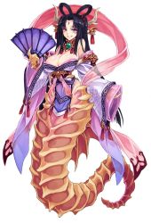  1girl black_hair blush breasts claws cleavage dragon_girl hand_fan female_focus full_body grin highres horns kenkou_cross large_breasts monster_girl monster_girl_encyclopedia purple_eyes simple_background smile solo white_background  rating:Questionable score:243 user:DuskXIII
