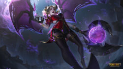  1girl absurdres artist_name black_footwear black_gloves blonde_hair boots demon_horns demon_wings fire gloves glowing glowing_eyes gold_bracelet highres holding holding_staff horns logo looking_at_viewer magic nike_(smite) nike_(smite)_(miss_misery) official_art open_mouth purple_eyes purple_fire red_lips red_shirt shirt smite solo staff thigh_boots wings 