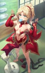  1girl bandeau bare_shoulders barefoot black_panties blonde_hair braid breasts collarbone detached_collar detached_sleeves electric_fan fanning_self fate/apocrypha fate/grand_order fate_(series) food food_in_mouth french_braid green_eyes highres long_hair looking_at_viewer mordred_(fate) mordred_(fate/apocrypha) mouth_hold navel panties parted_bangs pelvic_curtain ponytail popsicle popsicle_in_mouth sidelocks small_breasts solo sweat unworn_thighhighs tonee underwear variant_set waist_cape wardrobe_malfunction  rating:Sensitive score:80 user:danbooru
