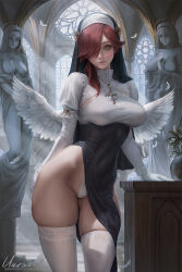 1girl artist_name breasts brown_eyes brown_hair church cross cross_necklace feathered_wings gloves habit hair_over_one_eye highres jewelry large_breasts leotard lips long_hair looking_at_viewer low_wings necklace nun original pelvic_curtain solo statue thighhighs unravel_page white_gloves white_leotard white_thighhighs wings rating:Sensitive score:32 user:danbooru