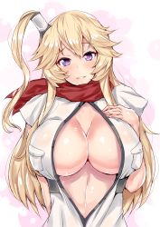 +_+ 1girl alternate_costume alternate_hairstyle blonde_hair blush breasts center_opening cleavage cosplay hair_tubes highres iowa_(kancolle) kantai_collection large_breasts long_hair midriff no_bra one_side_up parted_lips purple_eyes red_scarf sankakusui saratoga_(kancolle) saratoga_(kancolle)_(cosplay) scarf shiny_skin short_sleeves sidelocks smile solo stomach sweat upper_body rating:Questionable score:60 user:danbooru