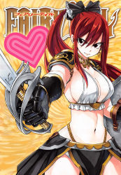 1girl armor breasts brown_eyes cleavage copyright_name earrings erza_scarlet fairy_tail female_focus gauntlets hair_ribbon heart highres huge_breasts jewelry long_hair looking_at_viewer mashima_hiro navel official_art ponytail red_hair ribbon shield smile solo stomach sword weapon rating:Sensitive score:48 user:dmysta3000