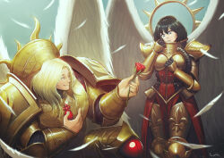  1boy 1girl angel angel_wings armor black_hair blade_encarmine blonde_hair blood_angels blue_eyes blue_sky boobplate breastplate commentary commission cowboy_shot english_commentary falling_feathers feathers flower full_armor gem giving_flower gold_armor halo halo_behind_head holding holding_flower holding_rose kneeling living_saint lutherniel mechanical_halo ornate_armor outdoors parted_lips power_armor primarch red_gemstone regalia_resplendent saint_celestine sanguinius single_rose sky smile warhammer_40k white_wings wings 