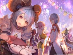  2boys 3girls 823/natalia aerial_fireworks animal animal_on_head armor armpits assassin_cross_(ragnarok_online) black_shirt blue_eyes blue_hair blush breastplate breasts brown_cape brown_eyes brown_gloves brown_horns brown_scarf cape cat cat_hair_ornament cat_on_head closed_mouth coat commentary_request cowboy_shot crop_top cross cross_necklace curled_horns dress envelope fake_horns festival fireworks fur-trimmed_cape fur-trimmed_gloves fur-trimmed_shirt fur-trimmed_shorts fur_trim gauntlets gloves green_hat grey_hair hair_ornament hat high_priest_(ragnarok_online) high_wizard_(ragnarok_online) highres holding holding_animal holding_rabbit holding_staff horns jewelry leaning_forward long_hair long_sleeves looking_at_viewer low_ponytail lunatic_(ragnarok_online) medium_bangs medium_breasts midriff multicolored_coat multiple_boys multiple_girls necklace on_head open_mouth paladin_(ragnarok_online) pauldrons pink_hair purple_sky rabbit ragnarok_masters ragnarok_online reaching reaching_towards_viewer red_coat red_eyes scarf shirt short_hair short_shorts shorts shoulder_armor sky sleeveless sleeveless_shirt smile sniper_(ragnarok_online) staff strapless strapless_dress streamers two-tone_coat white_coat white_dress witch_hat yellow_shirt yellow_shorts 
