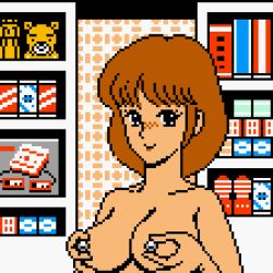 1girl 3bpp aliasing breasts brown_hair coconuts_japan covering_nipples covering_privates facing_viewer famicom game_console indoors large_breasts looking_at_viewer lowres medium_breasts medium_hair nude pachio-kun_5 pixel_art retro_artstyle saiwai_hiroshi shelf short_hair smile tenga topless_frame upper_body