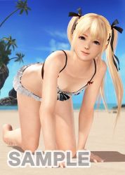  1girl 3d all_fours beach bikini blonde_hair blue_eyes breasts cleavage dead_or_alive dead_or_alive_xtreme_3_fortune dead_or_alive_xtreme_beach_volleyball marie_rose official_art original outdoors sky small_breasts solo swimsuit water  rating:Sensitive score:24 user:mald