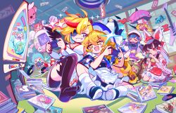  &gt;3&lt; +_+ 6+girls ^_^ absurdres apron ascot bad_apple!! black_dress black_thighhighs black_wings blonde_hair blue_ascot blue_dress blue_eyes blue_hair bow braid breasts brown_hair buro_(muse_dash) cd_case cheek-to-cheek cirno cleavage closed_eyes coat commentary_request controller crop_top cup detached_sleeves dress drinking eyepatch fang game_controller gap_(touhou) grin hair_bow hair_tubes hakurei_reimu hand_fan hat heads_together health_bar highres holding holding_controller holding_cup holding_fan holding_game_controller holding_umbrella indoors kirisame_marisa knees_apart_feet_together large_breasts long_hair looking_at_another marija_(muse_dash) moyazou_(kitaguni_moyashi_seizoujo) multicolored_hair multiple_girls muse_dash neon_palette nintendo_switch no_shoes ola_(muse_dash) open_mouth playing_games purple_dress purple_eyes purple_umbrella record red_bow red_eyes red_hair red_skirt rin_(muse_dash) seiza short_sleeves shouji side_braid sitting skirt sliding_doors small_breasts smile sparkle streaked_hair swept_bangs talisman tamagotchi tatami teacup television thighhighs touhou umbrella video_game waist_apron white_apron white_coat white_dress white_headwear white_sleeves wide_sleeves wings witch_hat yakumo_yukari yellow_ascot 