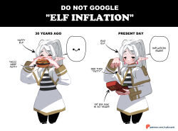  1girl ^_^ absurdres burger capelet closed_eyes commentary eating elf english_commentary english_text food frieren hands_up highres holding holding_food long_hair long_sleeves pantyhose patreon_username pointy_ears sad simple_background solo sousou_no_frieren speech_bubble sydus truth twintails wcdonald&#039;s white_background white_hair 