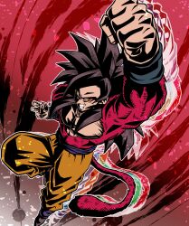  1boy arm_up black_hair body_fur clenched_hand clenched_teeth closed_mouth dragon_ball dragon_ball_gt emphasis_lines halftone highres jumping looking_at_viewer male_focus monkey_boy muscular muscular_male no_nipples pectorals raised_fist red_fur saiyan solo son_goku spiked_hair super_saiyan super_saiyan_4 teeth ushi_(akabec0) 
