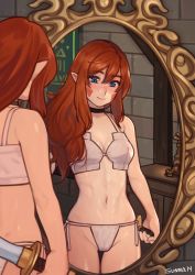 1girl absurdres bad_id bad_twitter_id blue_eyes blush bra choker closed_mouth elf highres holding holding_weapon inactive_account indoors long_hair looking_at_viewer mirror navel original panties pointy_ears red_hair reflection side-tie_panties smile solo sunna_(nilsunna) underwear underwear_only weapon white_bra white_panties rating:Sensitive score:211 user:danbooru