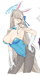  1girl animal_ears asuna_(blue_archive) asuna_(bunny)_(blue_archive) black_pantyhose blue_archive blue_bow blue_bowtie blue_eyes blue_leotard blue_ribbon bow bowtie breasts cleavage cropped_legs detached_collar elbow_gloves fake_animal_ears gloves hair_over_one_eye hair_ribbon halo highres large_breasts leotard long_hair looking_at_viewer mole mole_on_breast official_alternate_costume pantyhose playboy_bunny ribbon simple_background solo strapless strapless_leotard very_long_hair white_background white_gloves yagita_(astronomie) 