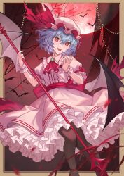  1girl :d ascot back_bow bare_tree bat_(animal) bat_wings black_pantyhose blood blood_drop blood_from_mouth blood_on_face blue_hair blurry blush border bow brown_border commentary crossed_bangs depth_of_field eyelashes feet_out_of_frame fighting_stance floating_hair frilled_shirt_collar frilled_wrist_cuffs frills full_moon gem green_gemstone hair_between_eyes hands_up hat hat_ribbon head_tilt highres holding holding_polearm holding_weapon lazuri7 looking_at_viewer mob_cap moon nail_polish night open_mouth outdoors pantyhose petticoat pink_hat pink_shirt pink_skirt polearm puffy_short_sleeves puffy_sleeves red_ascot red_bow red_eyes red_footwear red_moon red_nails red_ribbon red_sky remilia_scarlet ribbon shirt short_hair short_sleeves skirt sky sleeve_bow smile solo spear standing teeth touhou tree tsurime upper_teeth_only vampire weapon wings wrist_cuffs 