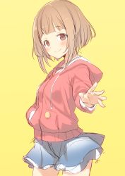 10s 1girl :&gt; blue_skirt blunt_bangs blush brown_eyes brown_hair closed_mouth commentary_request cowboy_shot hand_in_pocket highres hiraga_matsuri hood hoodie idolmaster idolmaster_cinderella_girls kitami_yuzu looking_at_viewer outstretched_hand short_hair_with_long_locks simple_background sketch skirt smile solo yellow_background rating:Sensitive score:3 user:danbooru
