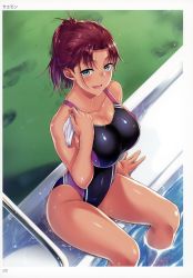 1girl absurdres artist_name bare_shoulders blue_eyes border breasts cleavage collarbone competition_swimsuit dark-skinned_female dark_skin from_above highres holding large_breasts looking_at_viewer one-piece_swimsuit open_mouth page_number ponytail poolside saemon_(tonpura) shiny_clothes shiny_skin short_hair simple_background sitting smile soaking_feet solo swimsuit thighs toranoana translated water white_border rating:Sensitive score:19 user:danbooru
