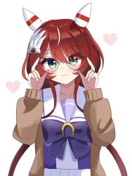  1girl absurdres adjusting_eyewear animal_ears bespectacled blush cardigan closed_mouth glasses green_eyes hair_ornament heart highres horse_ears horse_girl long_hair looking_at_viewer low_twintails melonpan_(d_5536) open_cardigan open_clothes red_hair smile twintails umamusume white_background win_variation_(umamusume) 