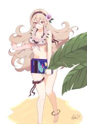  1girl :d anklet atoatto bare_shoulders barefoot bikini black_hairband book breasts cleavage convenient_censoring corrin_(female)_(fire_emblem) corrin_(female)_(summer)_(fire_emblem) corrin_(fire_emblem) fire_emblem fire_emblem_fates fire_emblem_heroes flower hair_flower hair_ornament hairband holding holding_book jewelry leaf long_hair navel nintendo official_alternate_costume open_mouth pointy_ears red_eyes smile solo swimsuit thigh_strap twitter_username very_long_hair white_background white_hair 