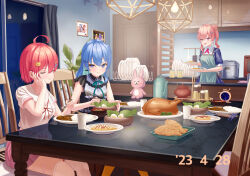 3girls absurdres ahoge alternate_costume anemachi apron aqua_hair asakura_(asa_t77) asymmetrical_hair bandaid_on_thigh black_shirt blue_eyes bow bowtie breasts chair chopsticks clock closed_eyes closed_mouth colored_inner_hair curry curry_rice curtains dated dining_room dorayaki feet_out_of_frame food green_apron green_bow green_bowtie hardboiled_egg highres holding holding_chopsticks hololive hoshimachi_suisei hoshimachi_suisei_(streetwear) indoors long_hair medium_breasts medium_hair multicolored_hair multiple_girls neck_ribbon omelet omurice open_mouth orange_pantyhose pantyhose picture_frame pink_eyes pink_hair pink_skirt plate puffy_short_sleeves puffy_sleeves red_ribbon ribbon rice sakura_miko sakura_miko_(school_uniform) shirt short_sleeves siblings side_ponytail sisters sitting skirt small_breasts spoon standing thighhighs thighs turkey_(food) virtual_youtuber wagashi white_shirt white_thighhighs