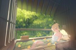 1girl bathing blonde_hair bucket commentary covering_privates hair_bun hair_ribbon hana_mori hololive kazama_iroha looking_at_viewer naked_towel nude_cover onsen partially_submerged ribbon rubber_duck sitting symbol-only_commentary towel tree virtual_youtuber water wet wet_towel white_towel wooden_bucket wooden_floor wooden_wall 