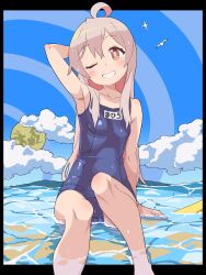 1girl ;d absurdres ahoge arm_at_side arm_behind_head arm_up armpits bird black_border blue_one-piece_swimsuit blue_sky blush border breasts bright_pupils brown_eyes character_name cloud collarbone commentary day duplicate feet_out_of_frame genderswap genderswap_(mtf) grin hair_between_eyes hair_over_shoulder happy head_tilt highres knee_up long_hair looking_at_viewer one-piece_swimsuit one_eye_closed onii-chan_wa_oshimai! open_mouth outdoors oyama_mahiro school_swimsuit seagull sidelocks sitting sky small_breasts smile solo straight_hair swimsuit tareme u_illustrator very_long_hair water wet wet_clothes wet_swimsuit