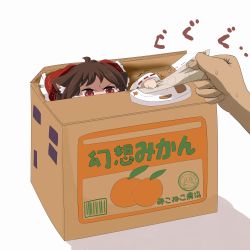  1girl absurdres animal_ears bow box brown_hair cardboard_box cat_ears cat_girl determined female_focus hair_bow hakurei_reimu hiding highres in_box in_container kemonomimi_mode maromi_gou mikan_box mini_person minigirl money out_of_frame pulling red_eyes touhou v-shaped_eyebrows  rating:Sensitive score:27 user:danbooru